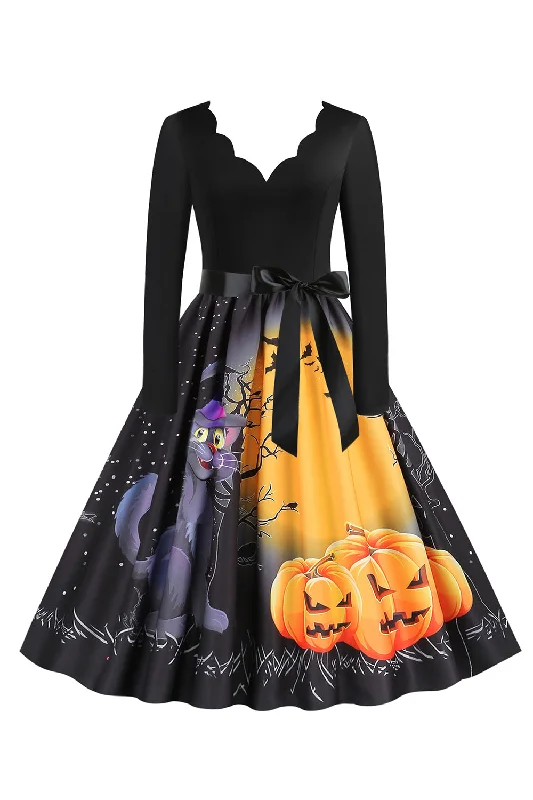V-Neck Long Sleeve Jack-o-lantern Print Halloween Retro Dress