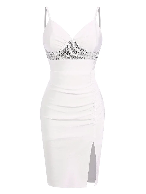 White 1960s Sequins Splicing Slit Dress