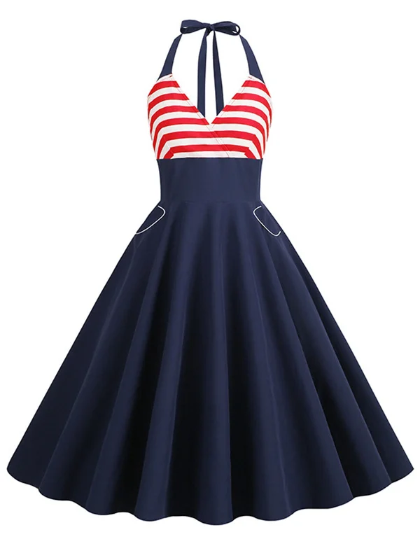 Dark Blue 1950s Red & White Stripes Halter Dress
