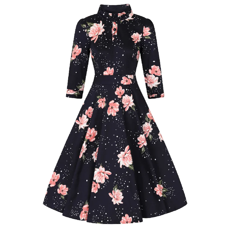 Navy Floral Stardust 3/4 Sleeve Vintage Swing Tea Dress