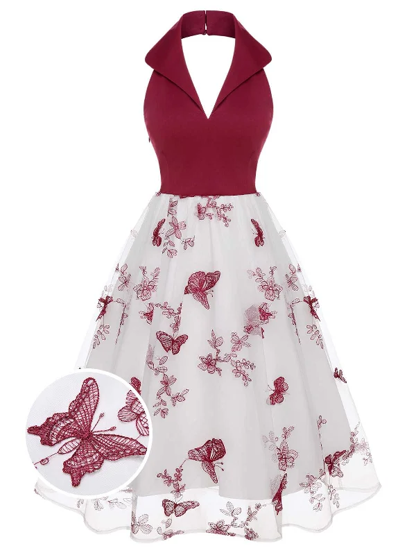 Wine Red 1950s Butterfly Lapel Mesh Dress