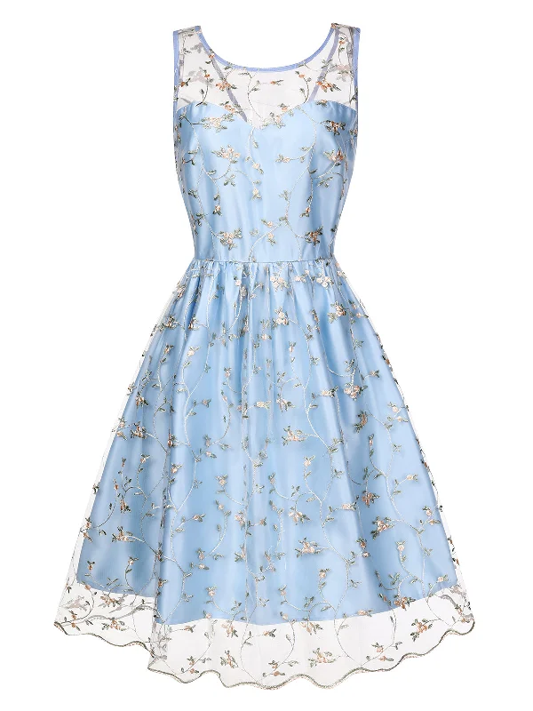 Blue 1950s Floral Embroidery Lace Dress