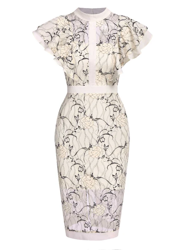 1960s Floral Sheer Lace Pencil Dress