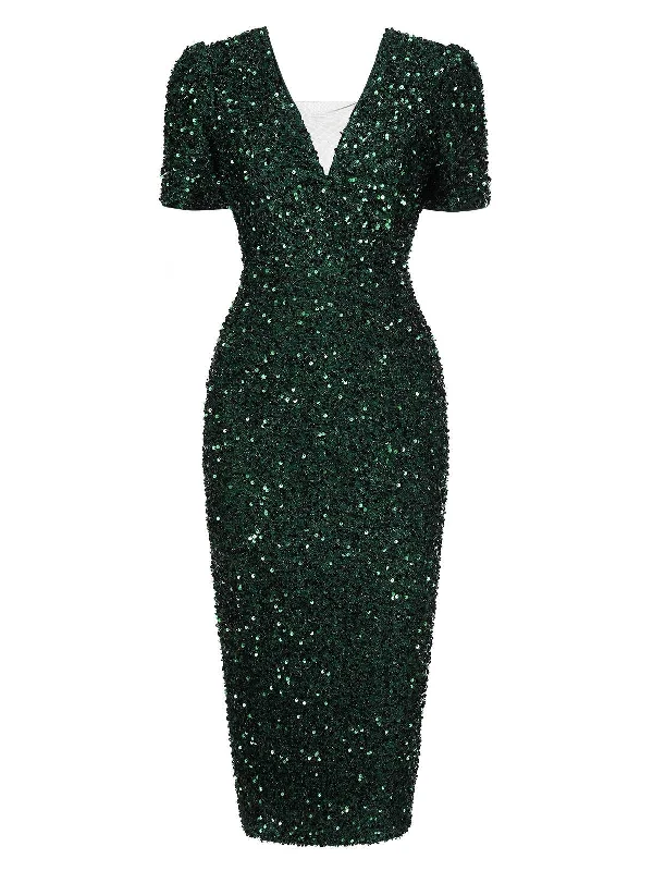Green 1960s V-Neck Sequined Pencil Dress