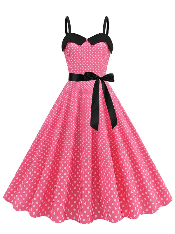 1950s Polka Dots Patchwork Ribbon Strap Dress