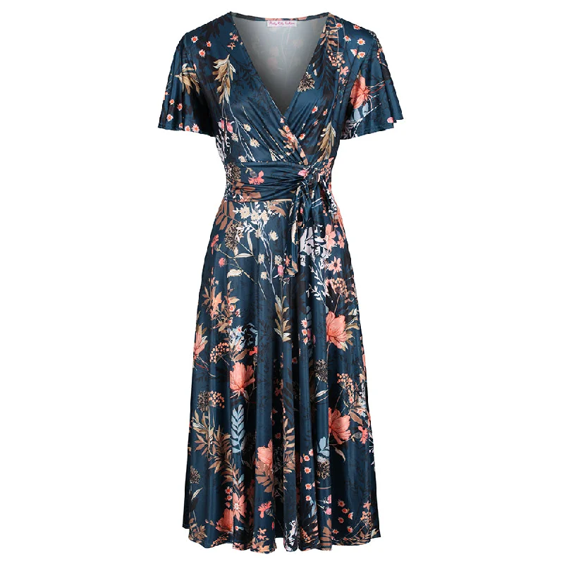 Dark Teal Green Floral Print Cap Sleeve V Neck Wrap Top Swing Dress