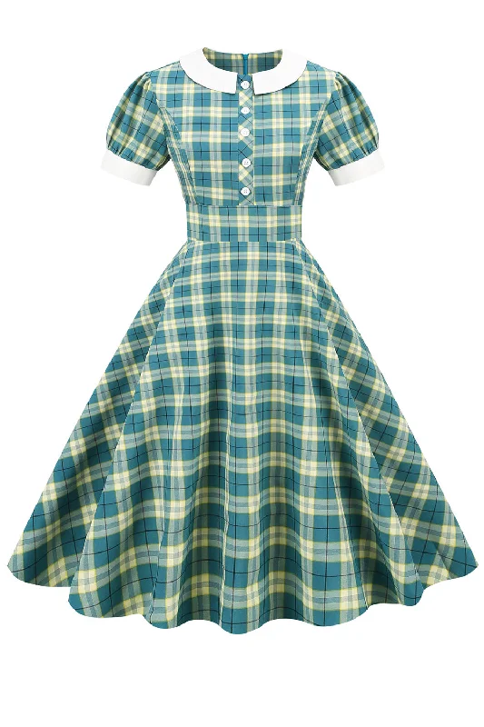 Jewel Neck Green Grid 1950s Dress with Short Sleeves