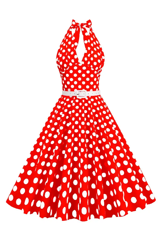 Hepburn Style Halter Neck Polka Dots Red 1950s Dress