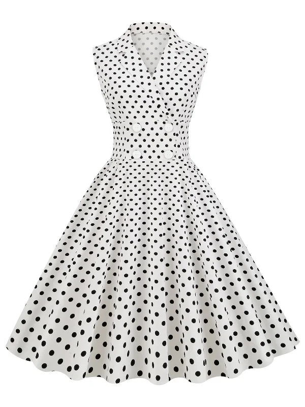 White 1950s Polka Dot Lapel Swing Dress