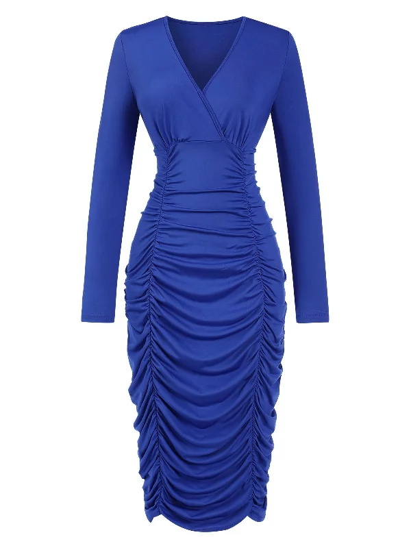 Royal Blue 1960s V-Neck Pleated Dress