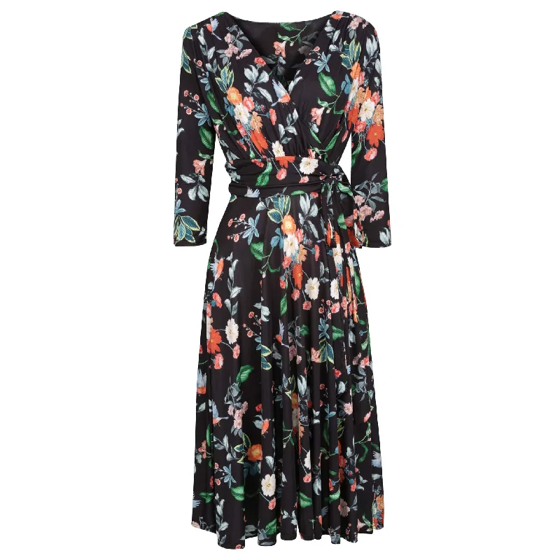 Black Floral Bird Print 3/4 Sleeve V Neck Crossover Top Empire Waist Tea Dress