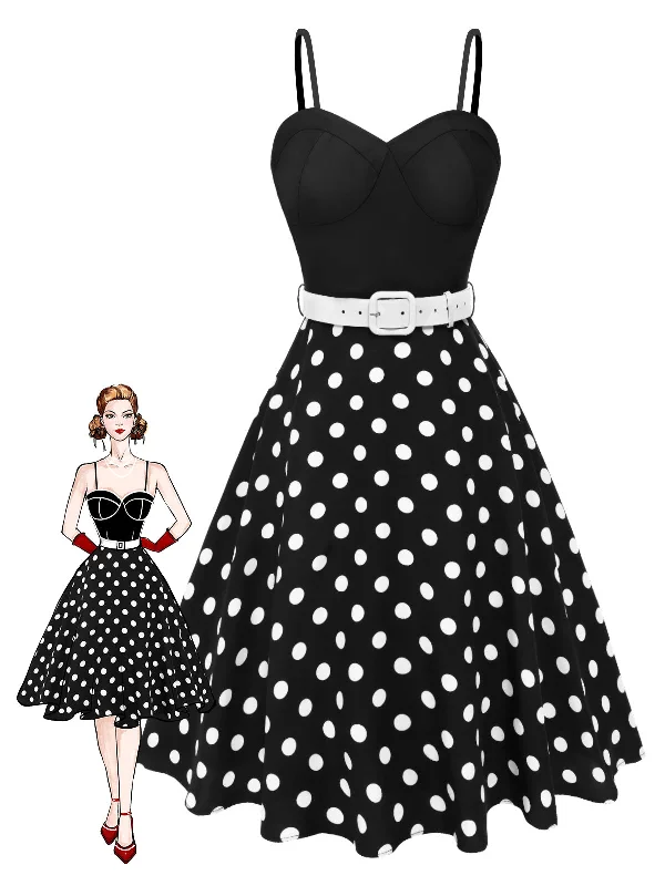 [Pre-Sale] Black 1950s Spaghetti Strap Polka Dots Belted Dress