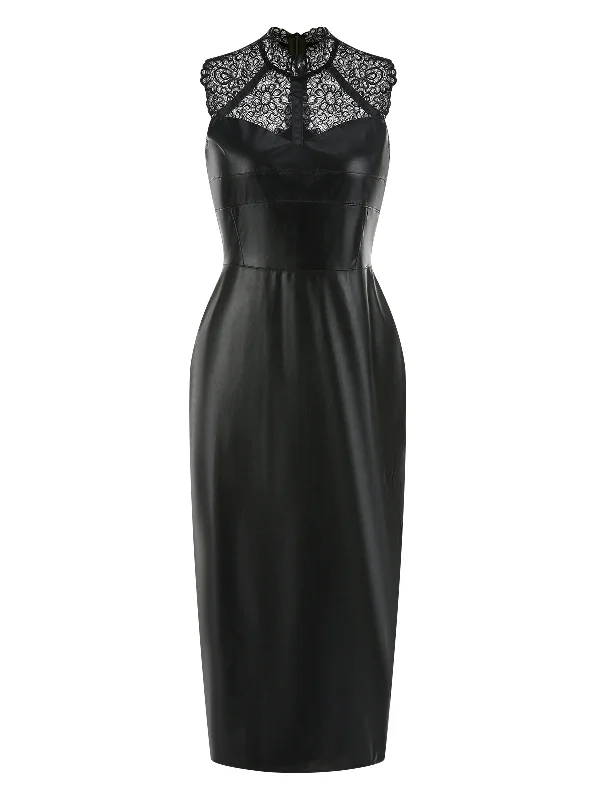Black 1960s Lace PU Leather Dress