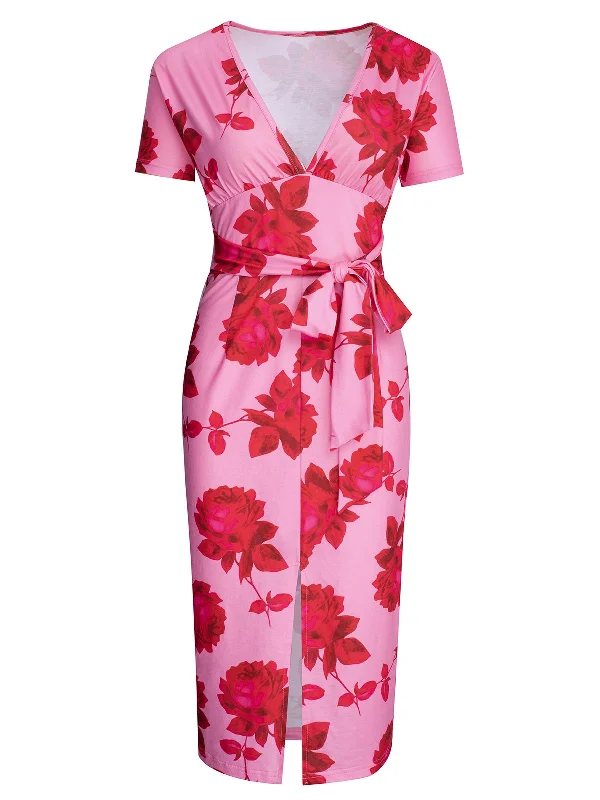 Pink 1960s V-Neck Floral Tie Split Dress