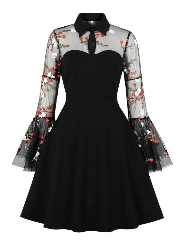 Black 1950s Lace Ruffle Swing Dress