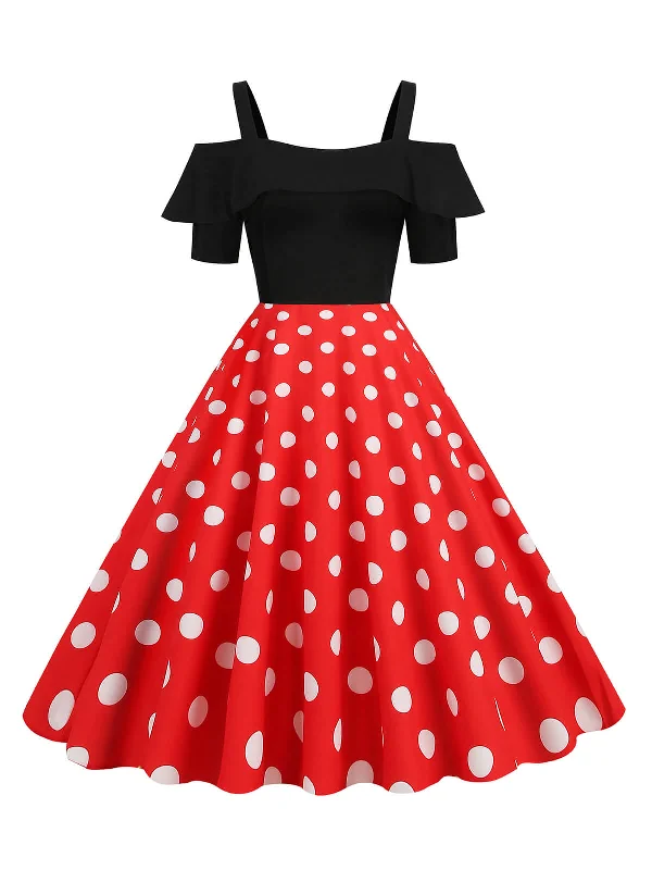 1950s Black Patchwork Polka Dot Strap Dress