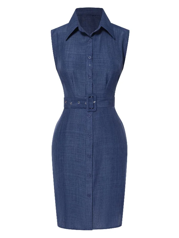 Blue 1960s Lapel Sleeveless Belted Dress