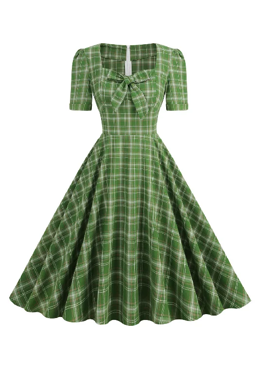 Green Plaid Short Sleeves 1950s Dress With Bowknot