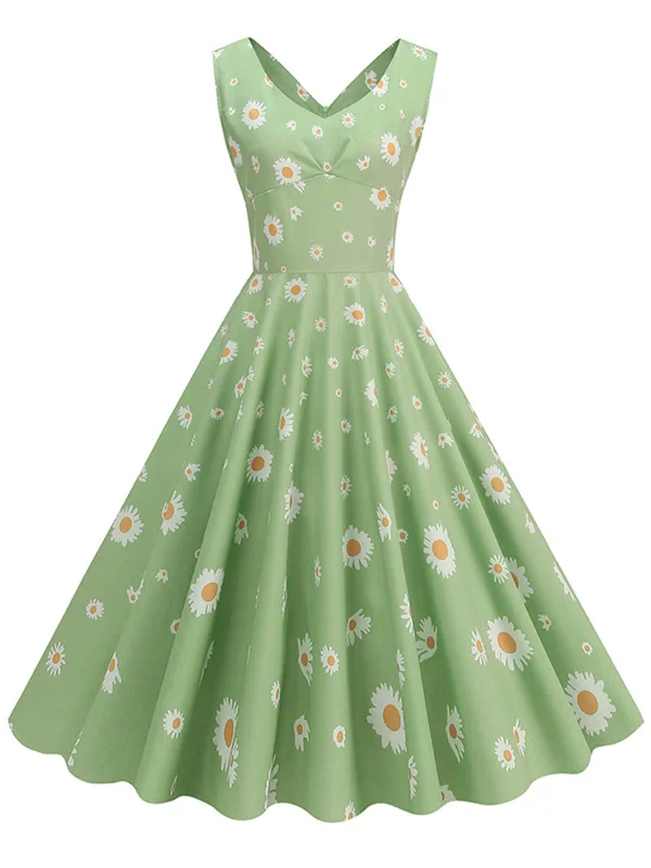 Green 1950s Daisy V-Neck Swing Dress