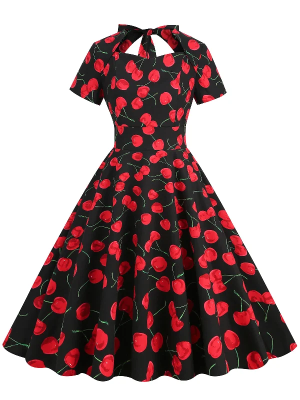 1950s Cherry Sweetheart Short Sleeve Lace Up Dress