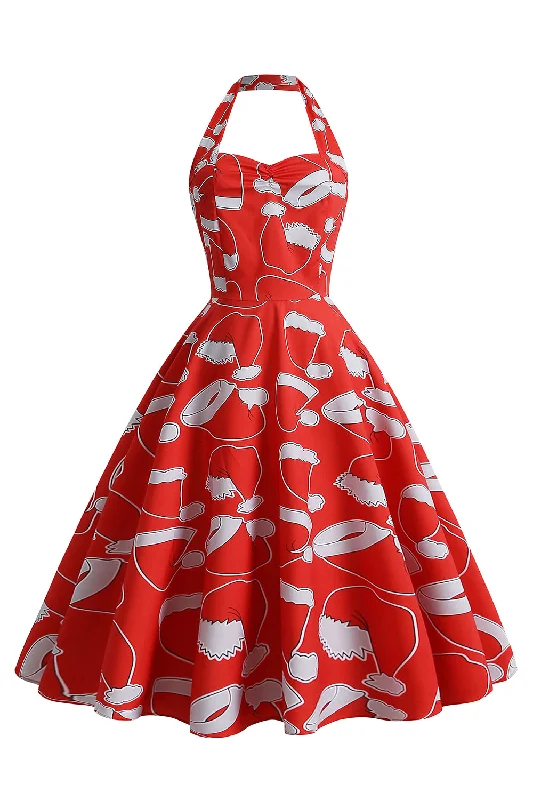 Halterneck Santa Print Red Christmas Dress