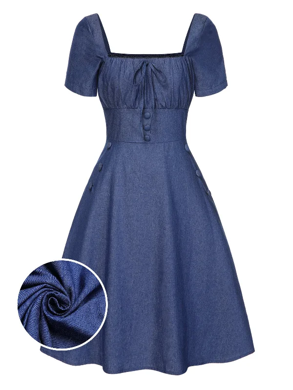 Blue 1950s Square Neck Denim Buttoned Dress