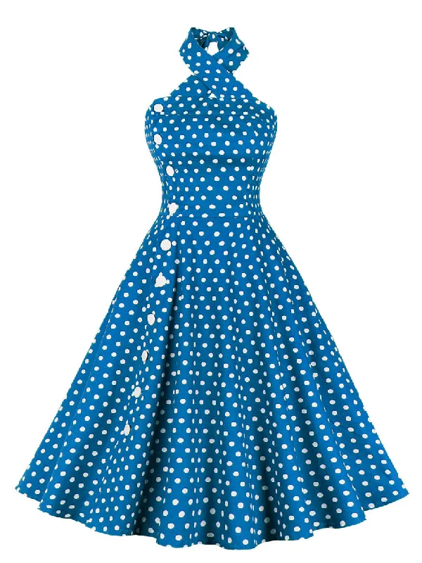 Blue 1950s Polka Dot Halter Dress