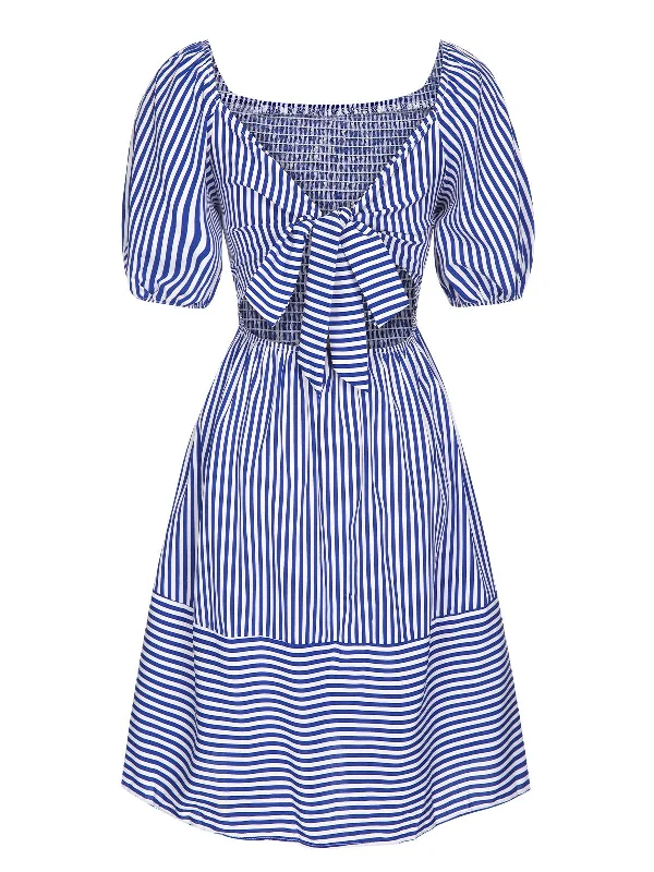 Blue 1950s Striped Raglan Square Neck Smocked Dress