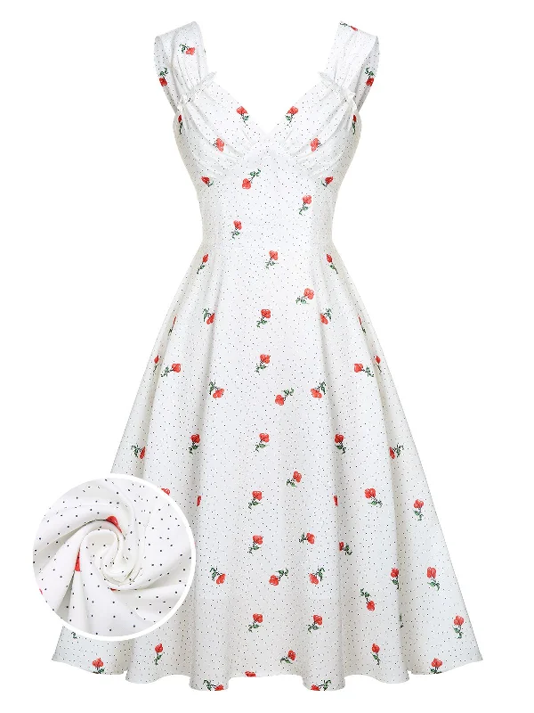 White Satin-faux Cherry Polka Dot Dress