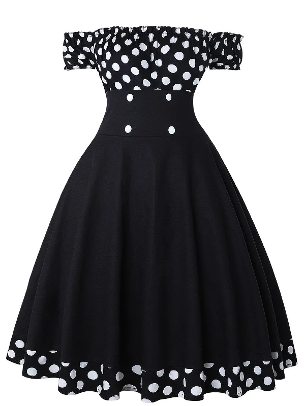 Black 1950s Off Shoulder Polka Dots Dress