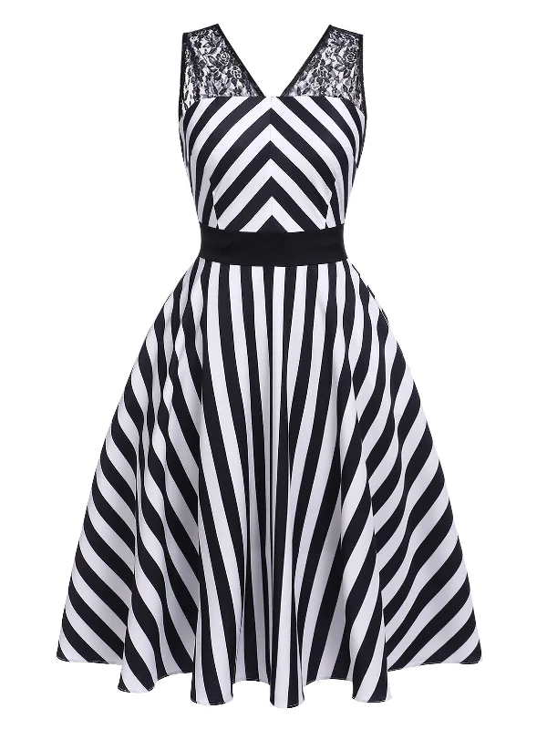 Black 1950s Stripes Lace Swing Dress