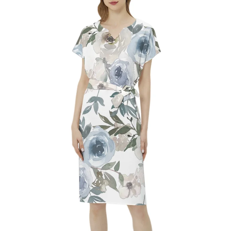 Betwing Seleeve Notch Neck Casual Dress with Belt