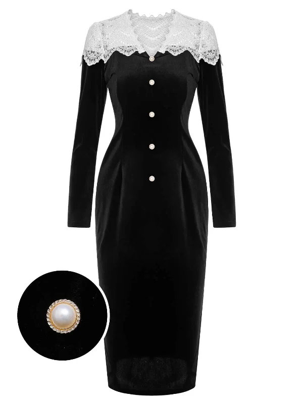 Black & White 1960s Lapel Patchwork Velvet Dress
