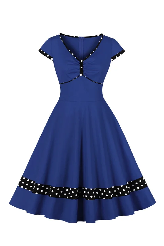 Dark Blue V Neck Polka Dots Swing 1950s Dress