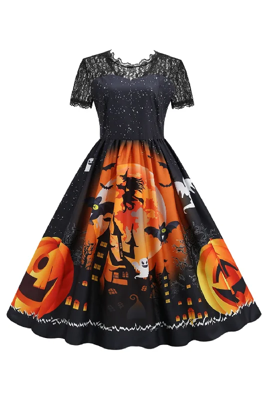 Lace Short Sleeve Print Halloween Retro Dress