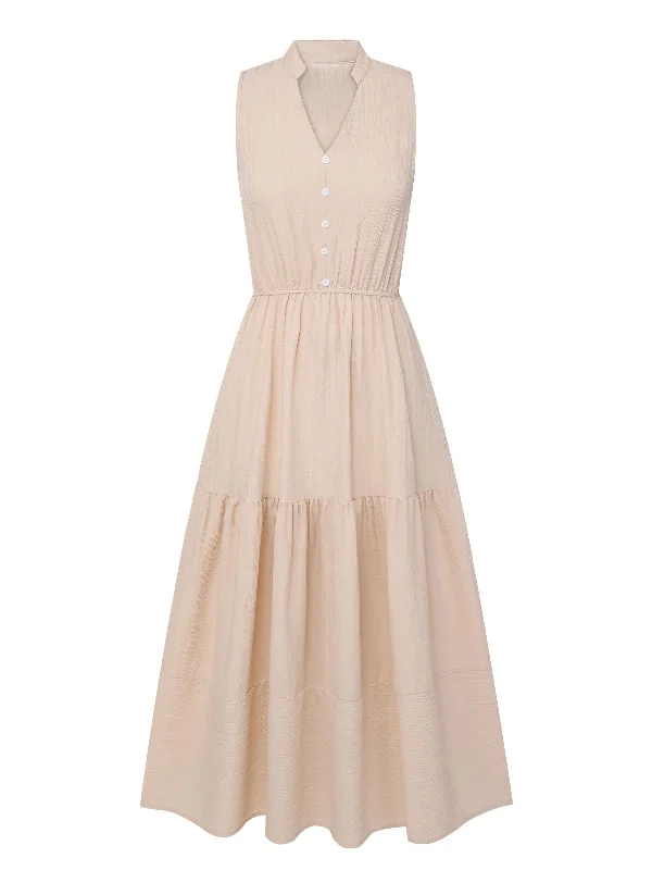 Beige 1950s Solid Stand Collar V-Neck Dress