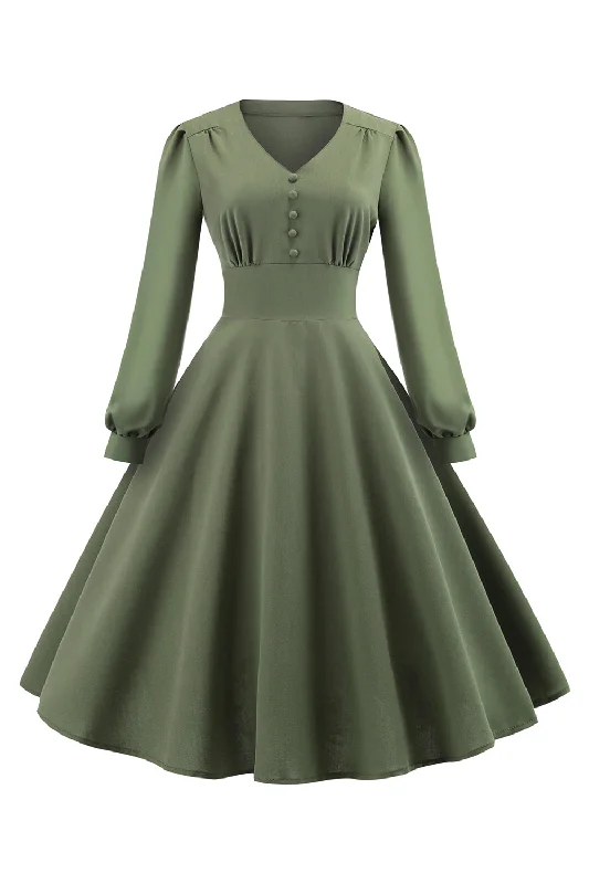 Green V-Neck Long Sleeves Vintage Swing Dress
