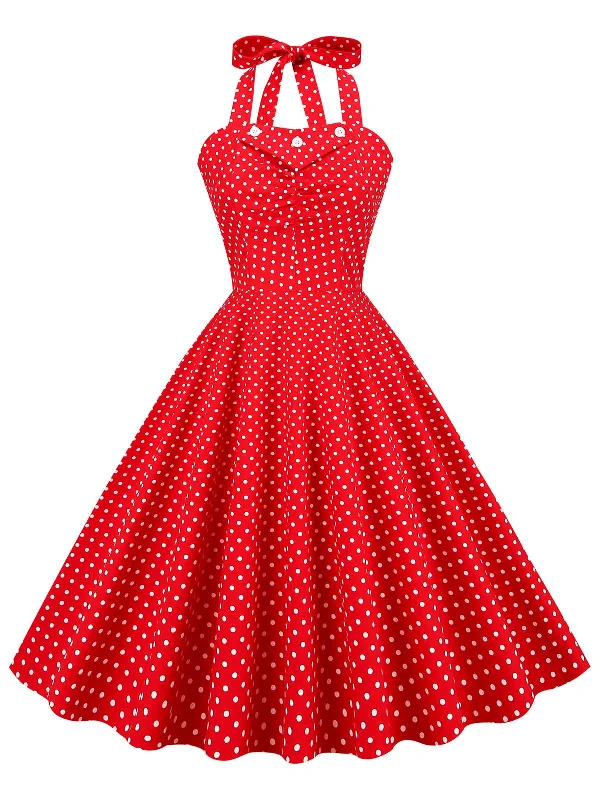 Red 1950s Polka Dot Halter Swing Dress