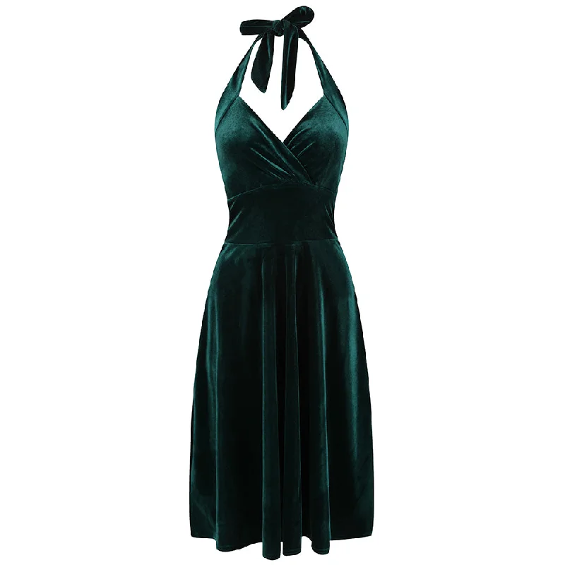 Emerald Green Velour Halterneck Empire Waist 50s Swing Dress