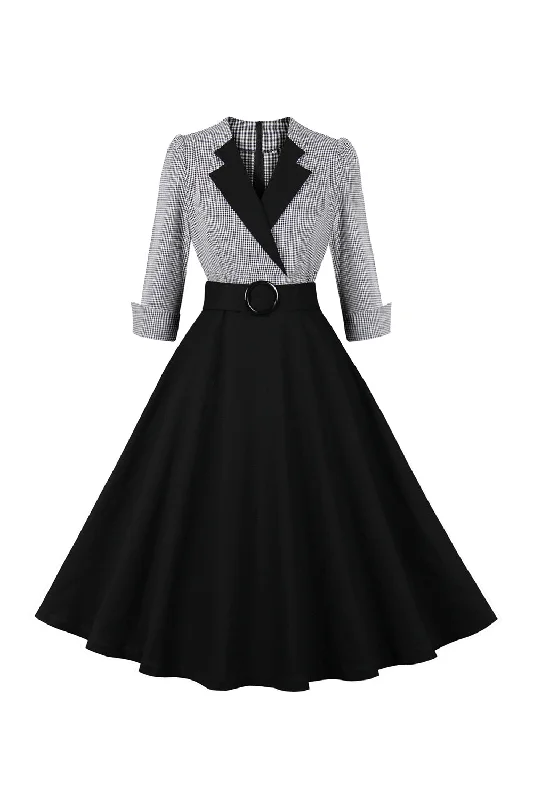 Long Sleeves Plaid Swing 1950s Dress with Belt