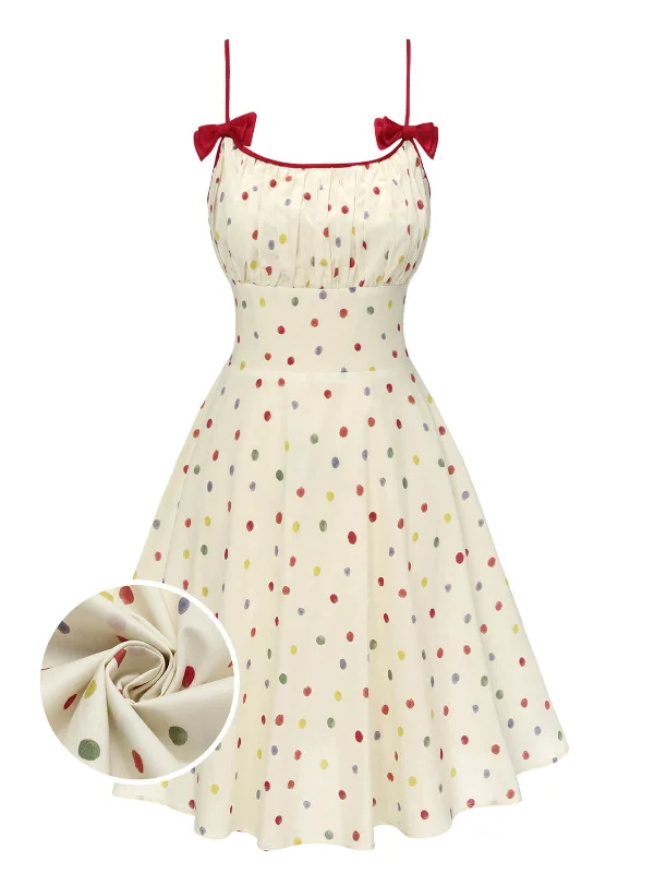 Beige 1950s Polka Dots Bow Straps Dress