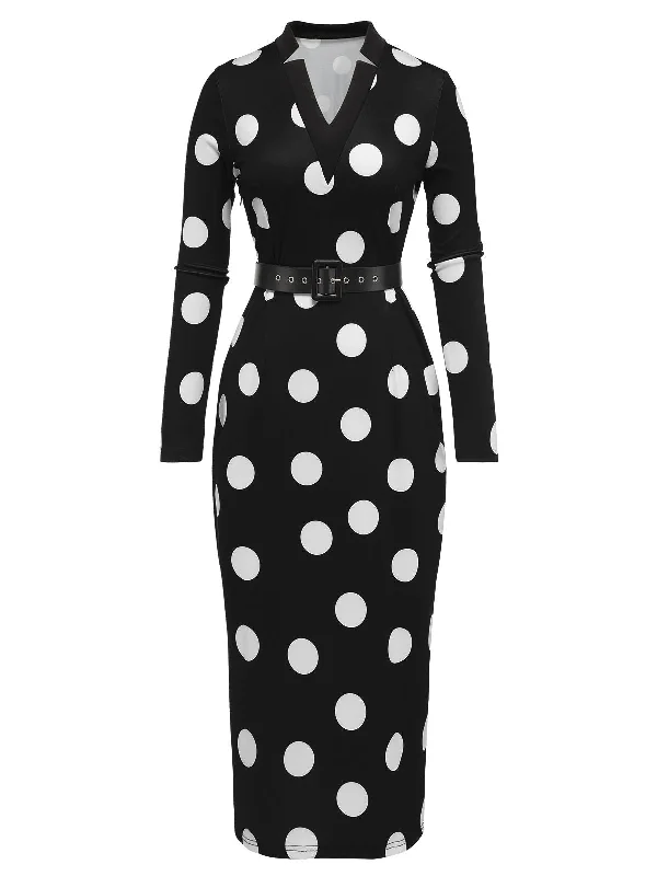 Black 1960s Polka Dot V-Neck Dress