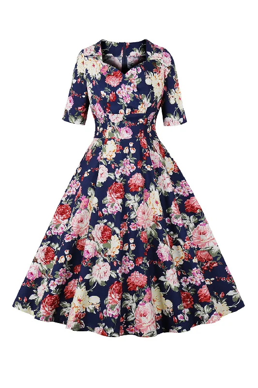 Navy Floral Printed Swing 1950s Dress with Short Sleeves