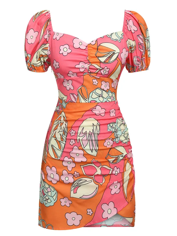 Multicolor 1960s Cartoon Floral Tulip Hem Dress