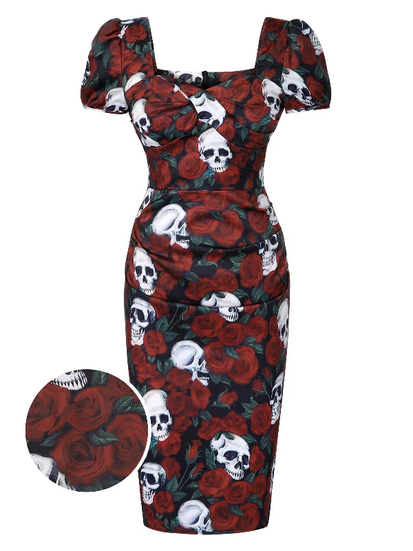 Red 1960s Rose Skull Sqaure Neck Pencil Dress