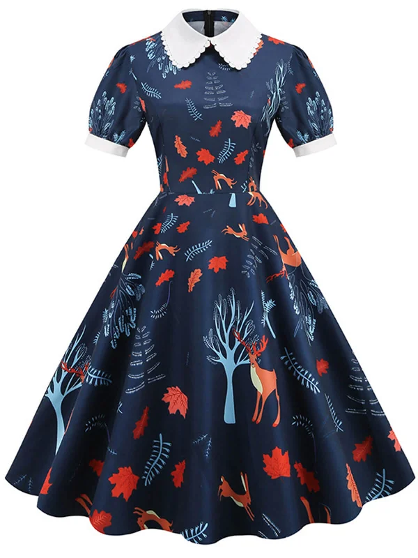 Dark Blue 1950s Forest Puff Lapel Dress