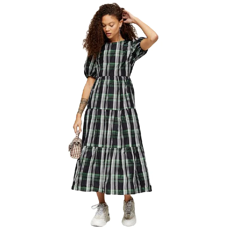Women's Plaid Ruffle Midi Dress,Multi Elegant Puff Sleeve Midi Dress
