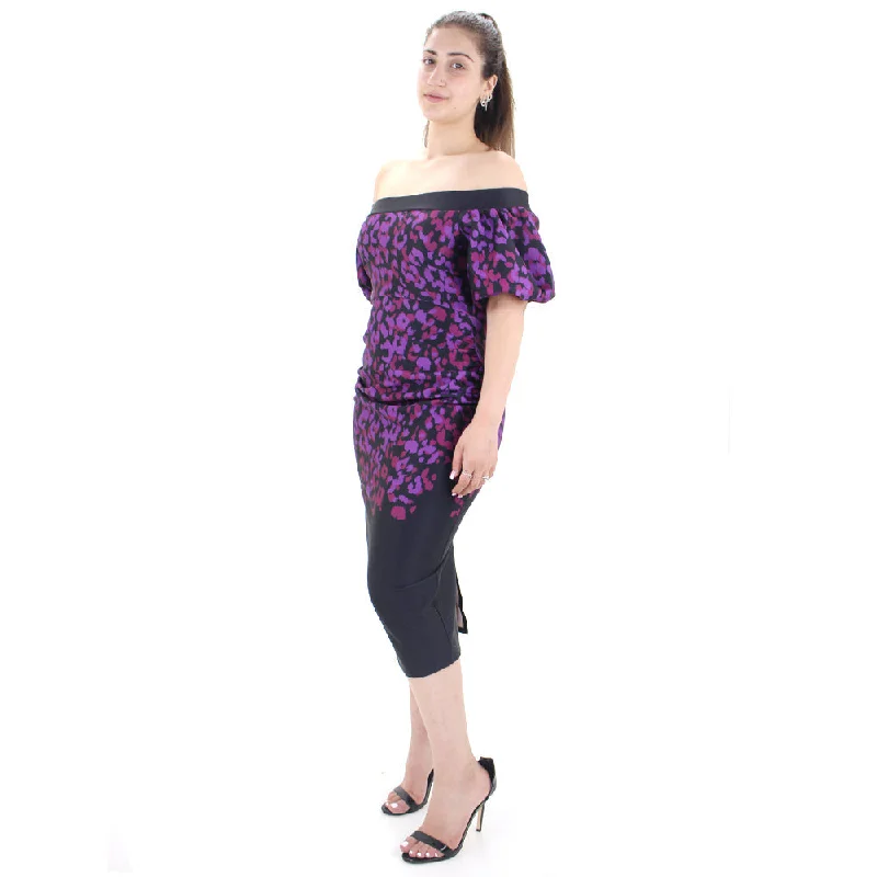 Women's Off Shoulder Printed Midi Dress,Black Comfortable Deep V Midi Dress