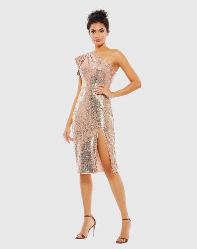 Sequined Flutter One Shoulder Fitted Midi Dress Stylish Pleated Skirt Midi Dress