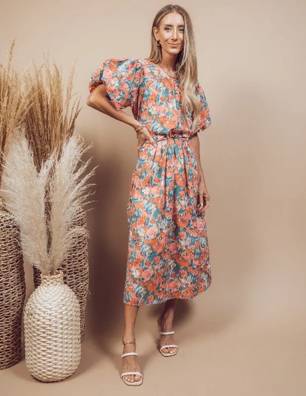 Amaris Floral Midi Dress Elegant Faux Wrap Midi Dress